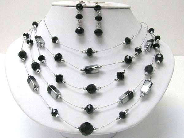 Five row murano glass and facet glass stone wired necklace earring set