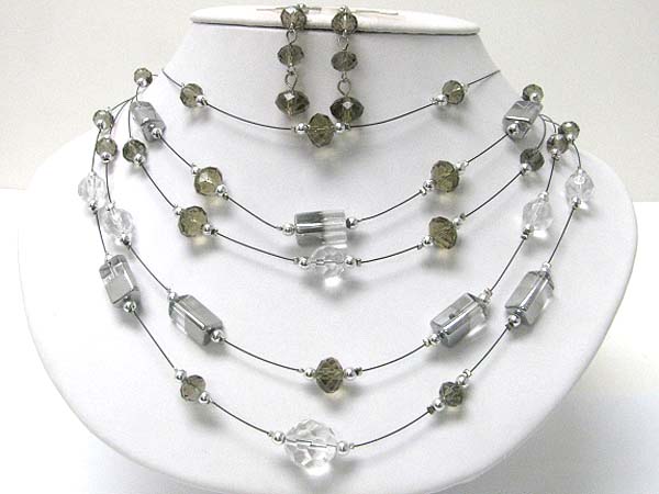 Five row murano glass and facet glass stone wired necklace earring set