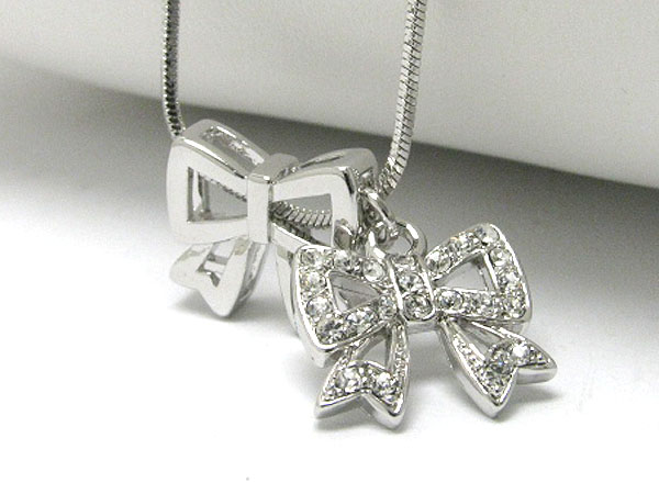 Made in korea whitegold plating crystal stud dual ribbon pendant necklace