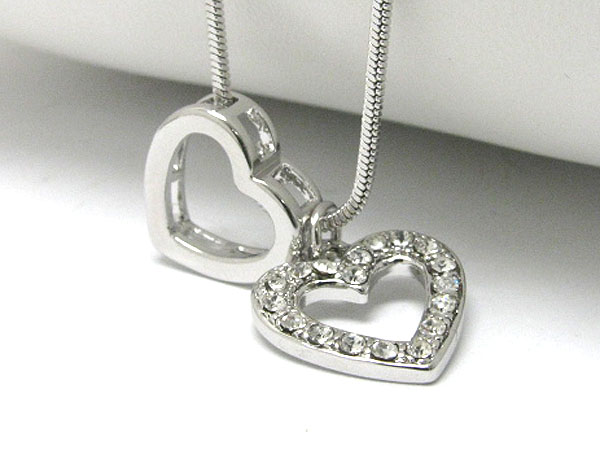 Made in korea whitegold plating crystal stud dual heart pendant necklace