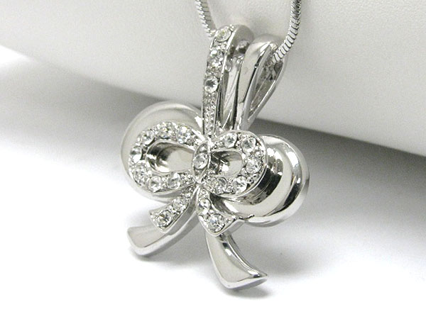 Made in korea whitegold plating crystal stud dual ribbon pendant necklace