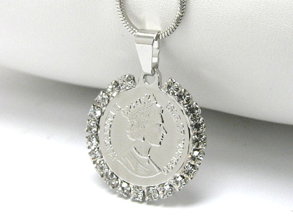 Made in korea whitegold plating crystal stud old coin pendant necklace