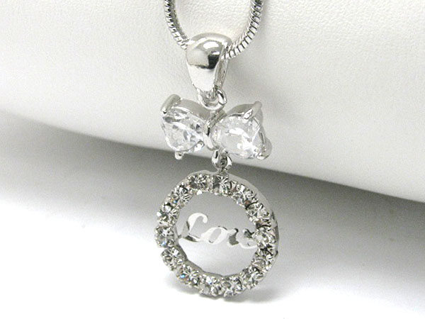 Made in korea whitegold plating cubic ribbon and crystal stud circle love pendant necklace