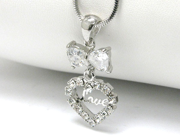 Made in korea whitegold plating cubic ribbon and crystal stud heart love pendant necklace