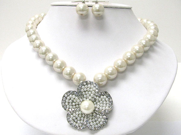 Crystal and seed beads flower pendant pearl ball link necklace earring set