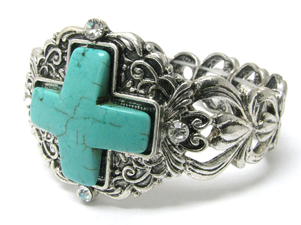 Turquoise cross and crystal stud metal casting stretch bracelet 