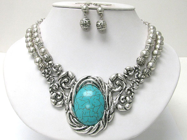 Turquoise stone and metal casting deco neckalce earring set 