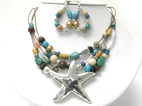 Star pendant and multi row mixed stone and beads necklace earring set