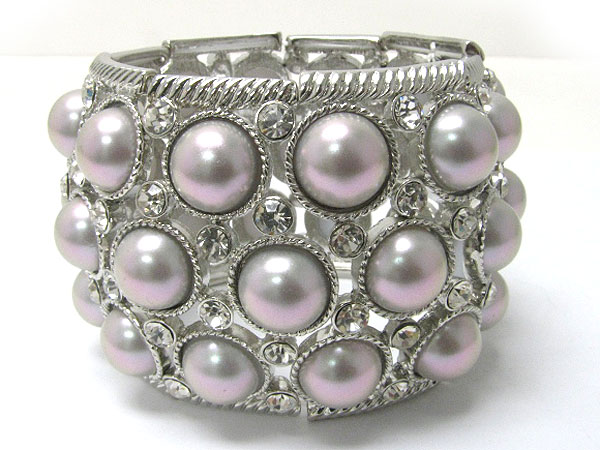 Crystal and pearl deco wide metal stretch bracelet