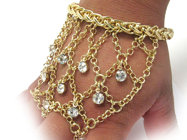 Glam punk rock crystal ball dangle finger hook metal mesh chain bracelet