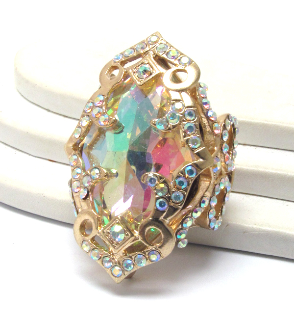 Large facet glass stone and crystal deco stretch ring