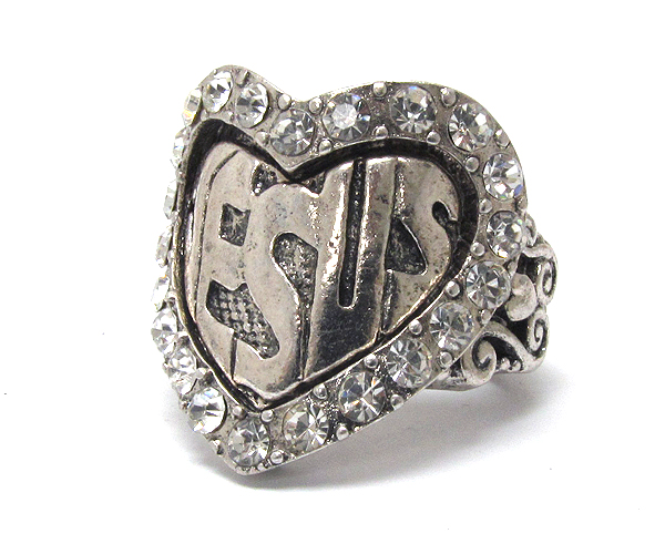 Crystal metal heart jesus theme stretch ring