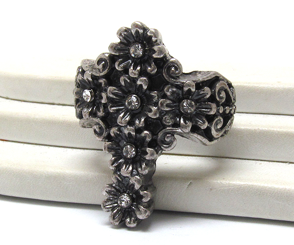 Crystal metal cross prited flower deco stretch ring