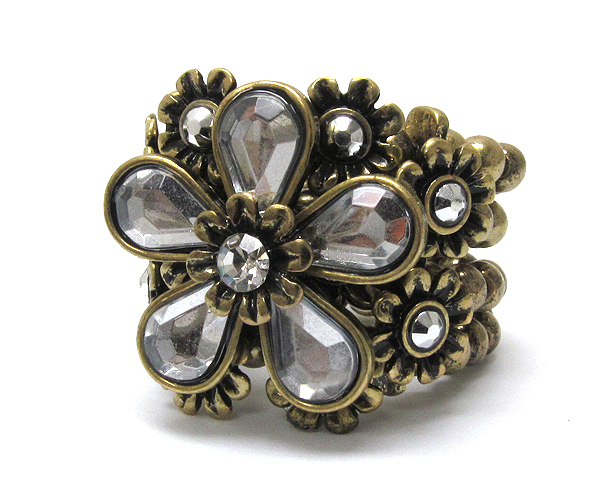 Metal glass flower with crystal small flowers on side with four line beads stretch ring 