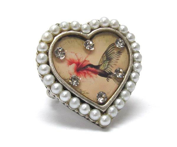 Pearl and crystal deco heart stretch ring - bird pic -valentine