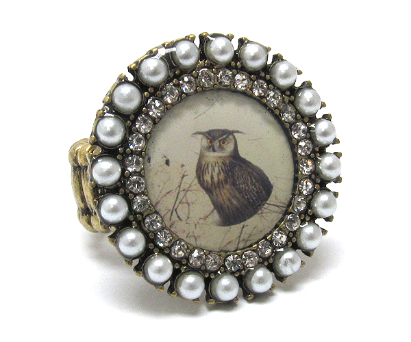 Pearl and crystal deco round stretch ring - owl pic