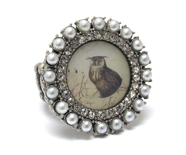 Pearl and crystal deco round stretch ring - owl pic