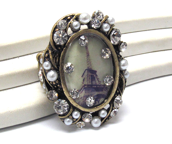 Pearl and crystal deco oval stretch ring - paris eifel tower pic 