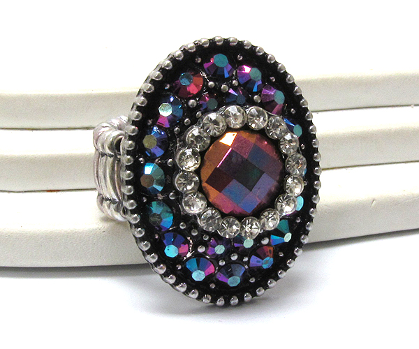 Crystal and metallic stone combo oval stretch ring