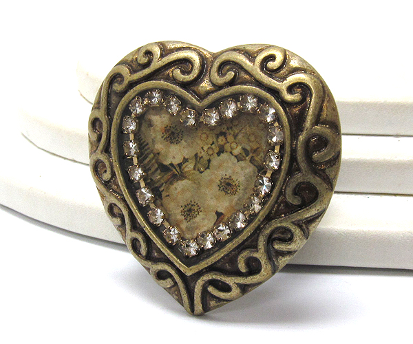 Crystal textured deco heart stretch ring - flower pic