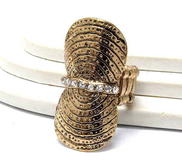 Crystal metal curved textured long finger stretch ring