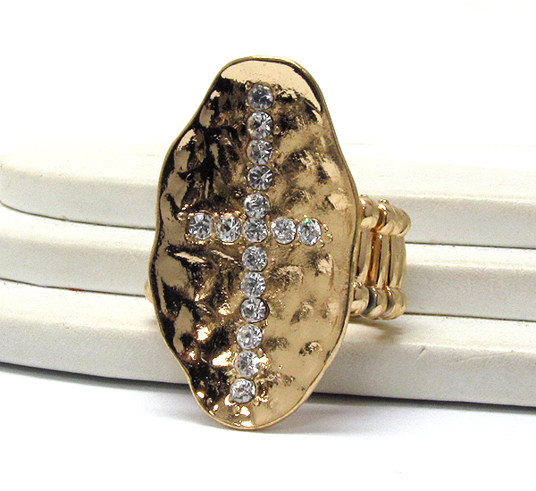 Crystal cross hammered oval metal long finger stretch ring