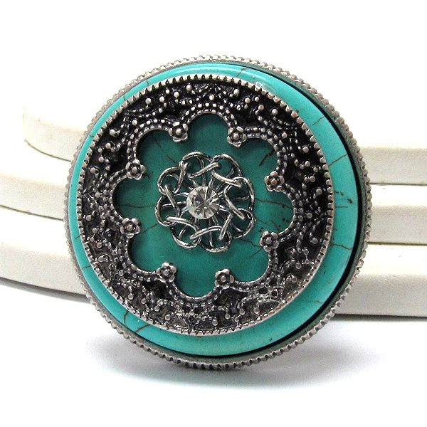 Crystal with round turquoise and metal casting stretch ring