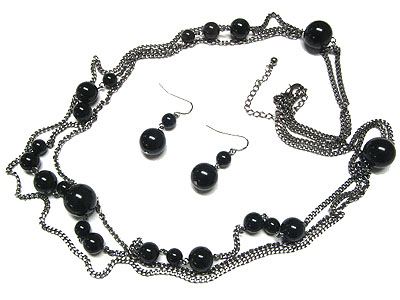 Jet beads and hematite chain long necklace and earring set