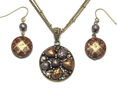 Round shape patina and crystal pendant necklace3 and earring set