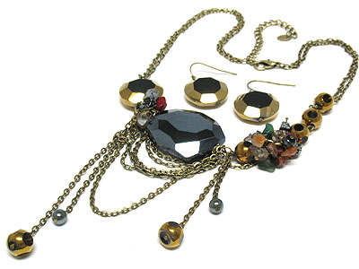 Facet glass and multi natural stone hanging neckalce and earring set