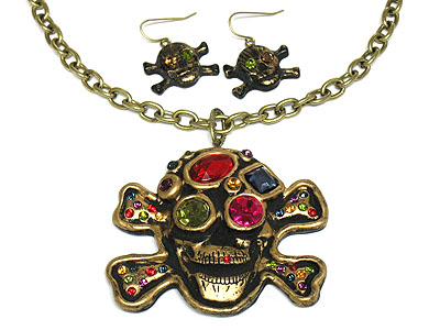 Crystal deco skull necklace and earring set