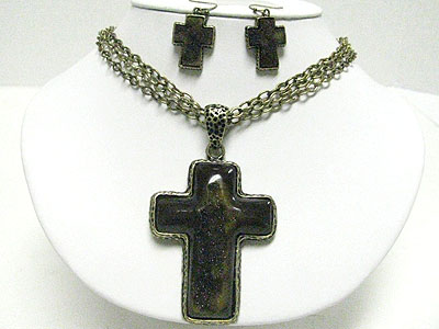 Natural looking rough surface cross peandant neckalce earring set