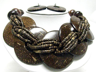 Ethnic style multi seed beads and wood donut braided necklace set