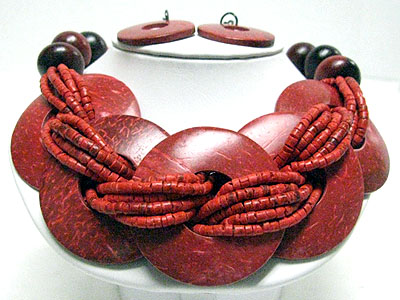 Ethnic style multi seed beads and wood donut braided necklace set