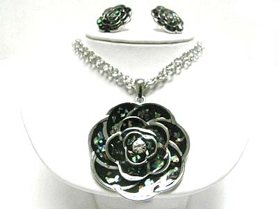 Abalone pattern metal large flower pendant necklace set