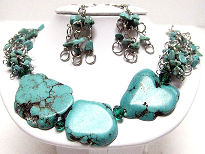 Turquoise stone link necklace earring set