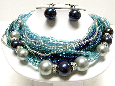 Multi strand beads and crystal ring necklace set