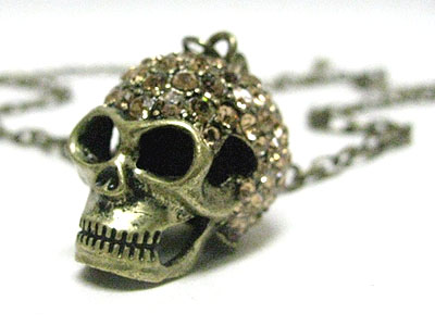 Crystal stud skull pendant long necklace