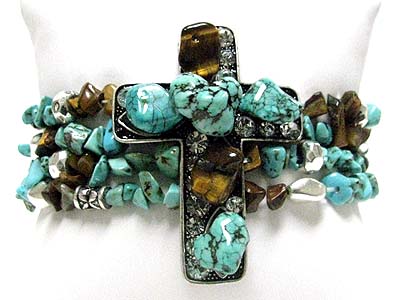 Natural chip stone and crystal cross stretch bracelet 