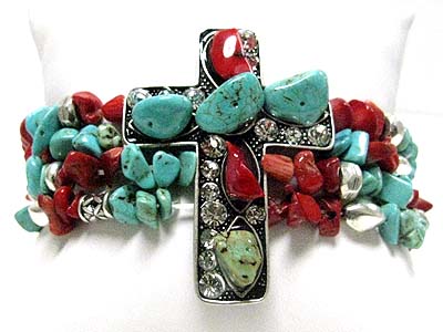 Natural chip stone and crystal cross stretch bracelet 