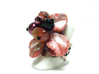 Natural stone and shell flower adjustable ring