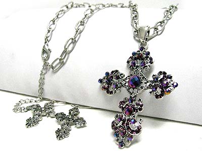 Crystal flower edge cross pendant necklace set