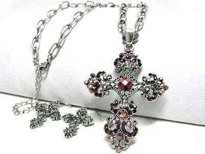 Crystal flower edge cross pendant necklace set