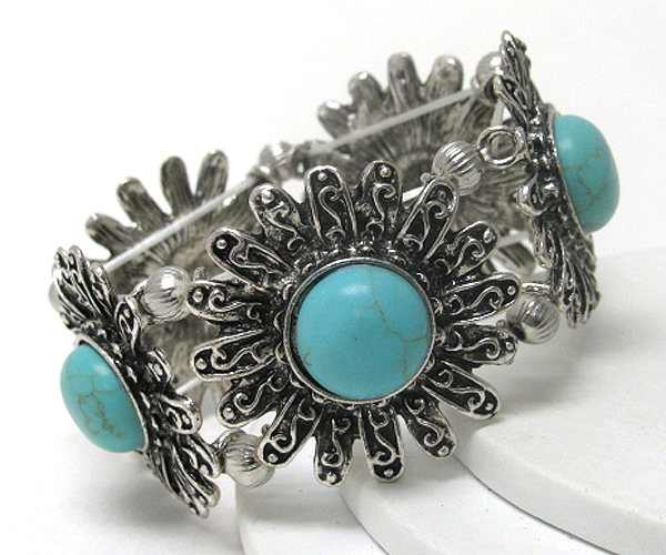 Turquoise center metal flower link stretch bracelet