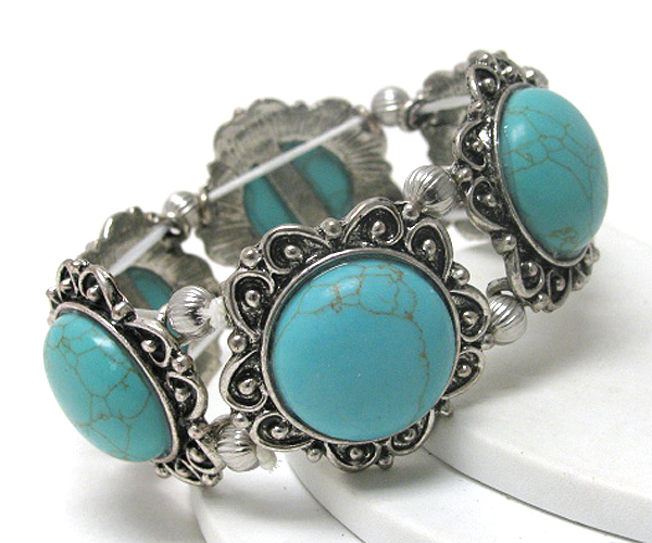 Turquoise center metal flower link stretch bracelet