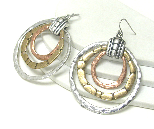 Triple metal hoop drop earring - hoops