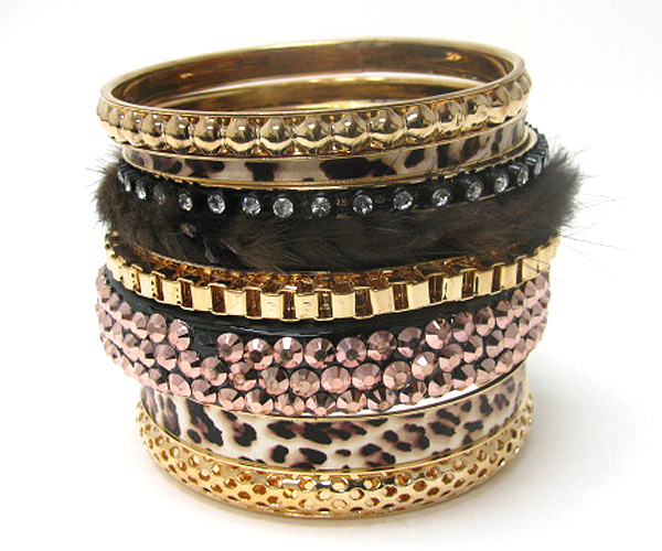 Woods metal fur crystal mixed bangle set of 7