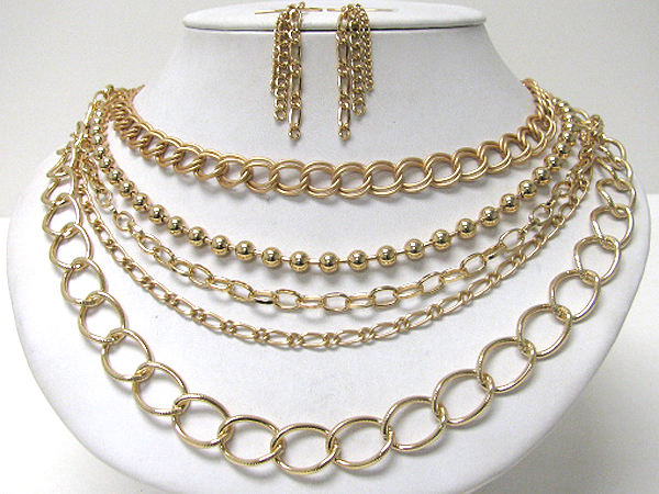 Multi layered metal chain necklace earring set