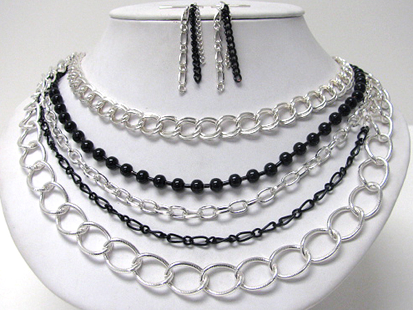 Multi layered metal chain necklace earring set