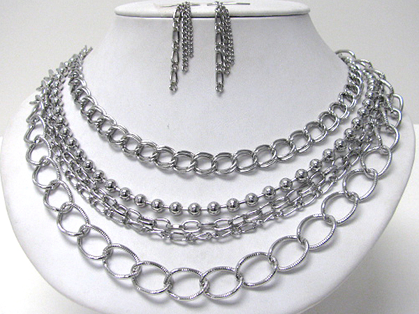 Multi layered metal chain necklace earring set